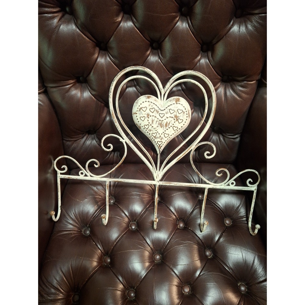 Vintage Shabby Chic White Metal Wall Shelf Hook Coat Rack Heart Distressed